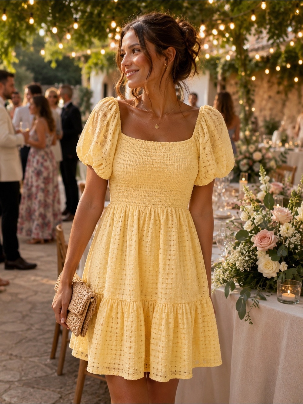 SHEIN Yellow Smocked Puff-Sleeve Mini Dress